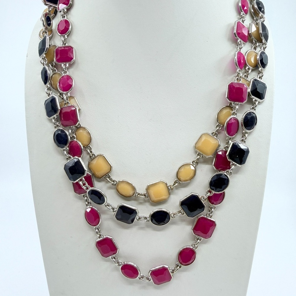 VTG Ann Taylor Multi-Strand Statement Necklace Magenta Black Geo Links